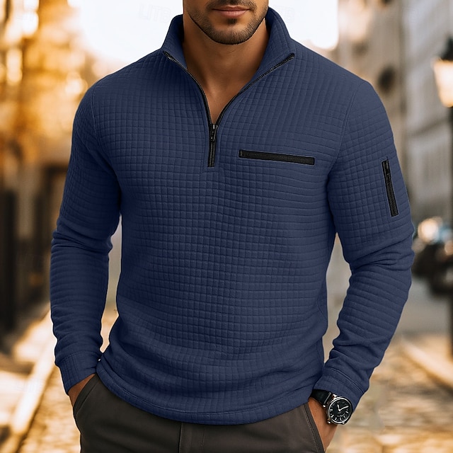 Herren Waffel-Poloshirts Textur Lässig Viertelreißverschluss Langarm Mode Bequem Farbblock Reißverschluss Tasche Herbst Frühling & Herbst Normale Passform Weiß Schwarz Blau Hellblau Dunkelgrau Purpur