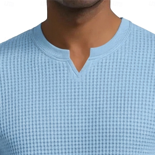 Herren Waffel-T-Shirt T Shirt Langarm V Ausschnitt Sommer Frühling & Herbst Ganzjahres Einfarbig Texture Strickware Täglich Lässig V-Ausschnitt Lässig Täglich Outdoor Blau Schwarz Hellgrün Top
