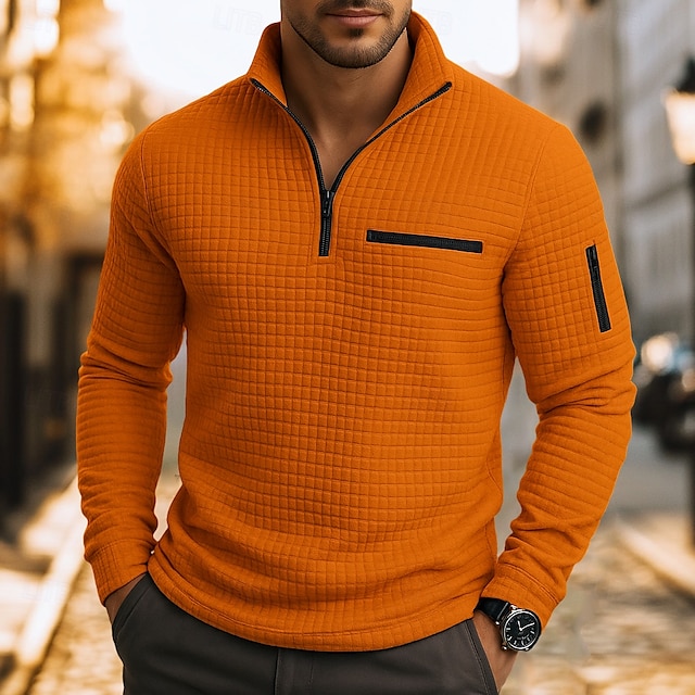 Herren Waffel-Poloshirts Textur Lässig Viertelreißverschluss Langarm Mode Bequem Farbblock Reißverschluss Tasche Herbst Frühling & Herbst Normale Passform Weiß Schwarz Blau Hellblau Dunkelgrau Purpur
