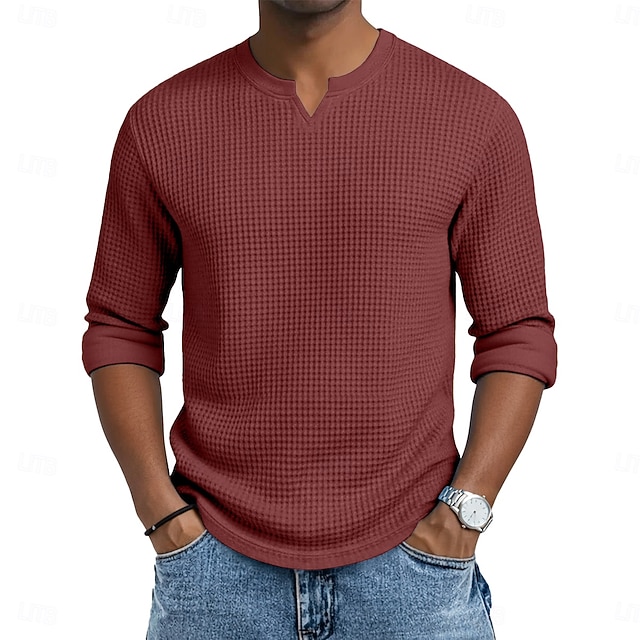 Herren Waffel-T-Shirt T Shirt Langarm V Ausschnitt Sommer Frühling & Herbst Ganzjahres Einfarbig Texture Strickware Täglich Lässig V-Ausschnitt Lässig Täglich Outdoor Blau Schwarz Hellgrün Top