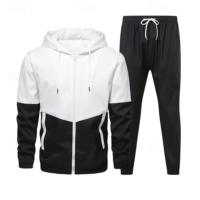 Herren 2-teiliger Trainingsanzug Lounge-Hoodie Trainingsanzug-Sets mit Tasche Farbblock Kombination Frühling Herbst Schwarz Armeegrün Fitnessstudio Training Laufen Hohe Taille Leicht Mode Langarm