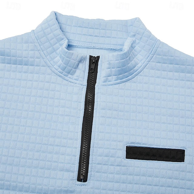 Herren Waffel-Poloshirts Textur Lässig Viertelreißverschluss Langarm Mode Bequem Farbblock Reißverschluss Tasche Herbst Frühling & Herbst Normale Passform Weiß Schwarz Blau Hellblau Dunkelgrau Purpur