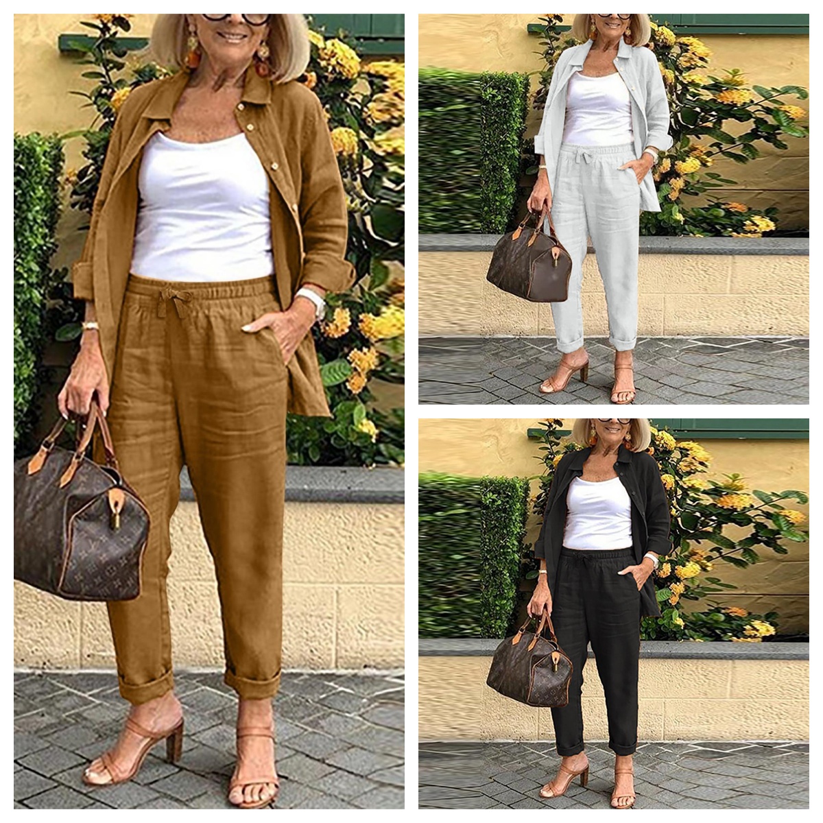 Women's retro loose long sleeve shirt belt solid color Harlan suit