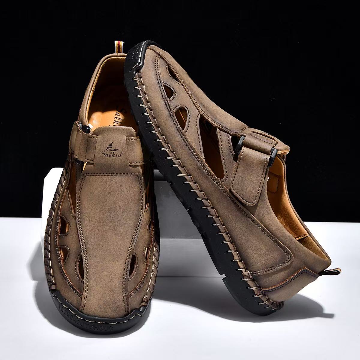 🎁LAST DAY 70% OFF🎁Men's Handstitched Closed Toe Sandals - Breathable Hollow Out Outdoor Beach Shoes, Non-Slip & Lightweight