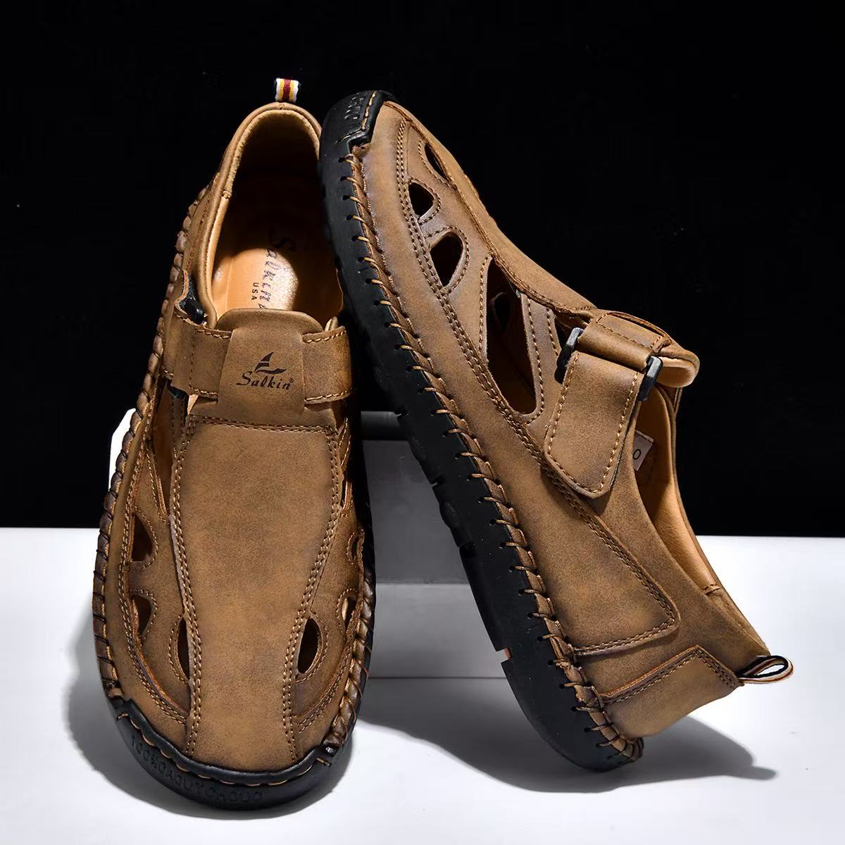 🎁LAST DAY 70% OFF🎁Men's Handstitched Closed Toe Sandals - Breathable Hollow Out Outdoor Beach Shoes, Non-Slip & Lightweight