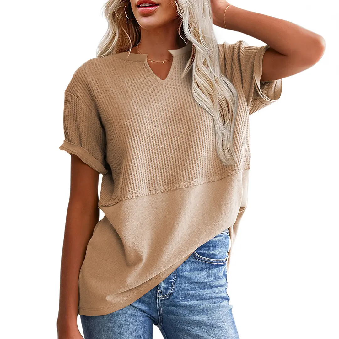 SHEWIN Cozy Oversized Waffle Knit V-Neck Top - Plus Size