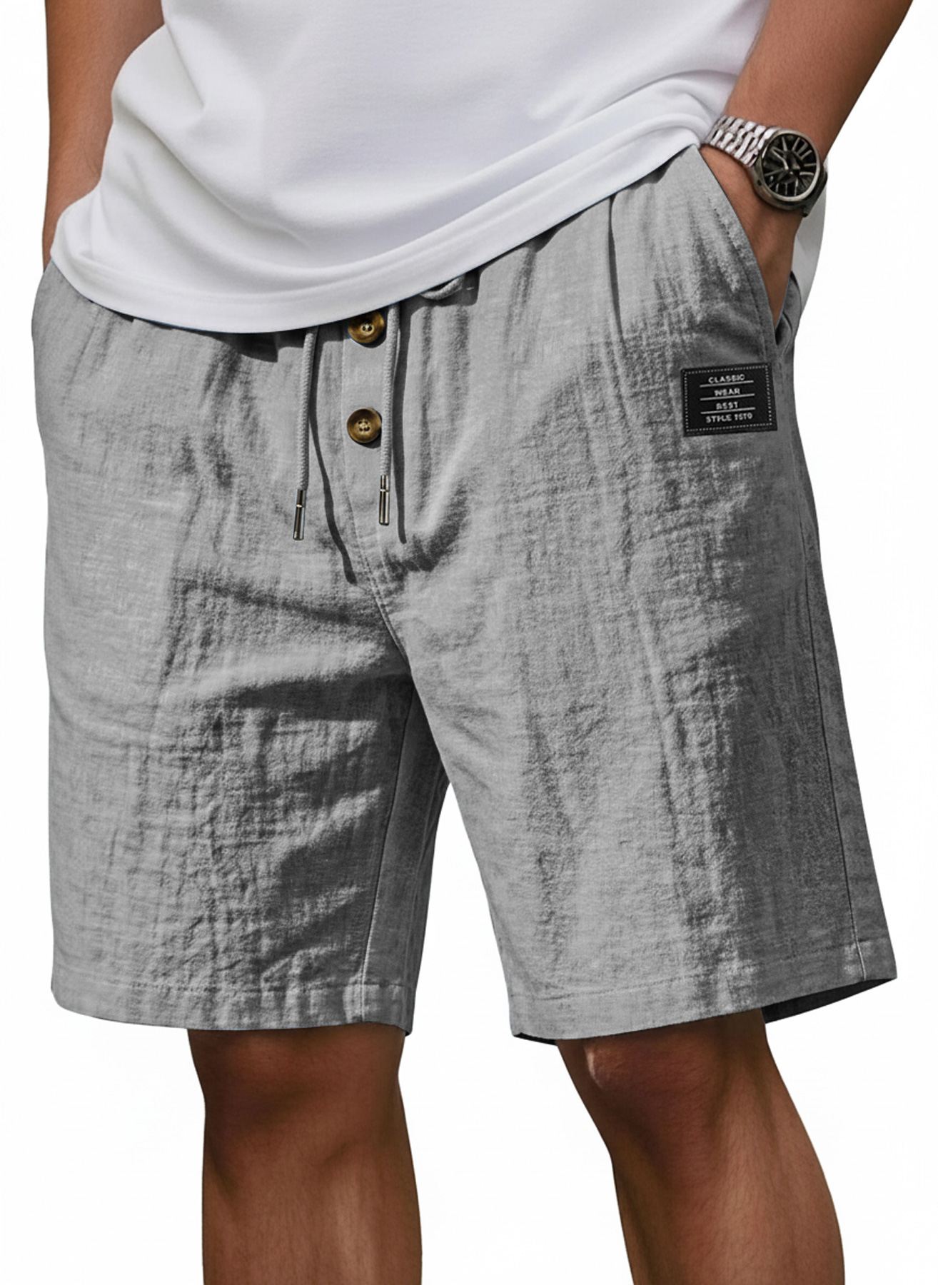 Men's Linen Casual Shorts with Embroidered Logo and Buttons