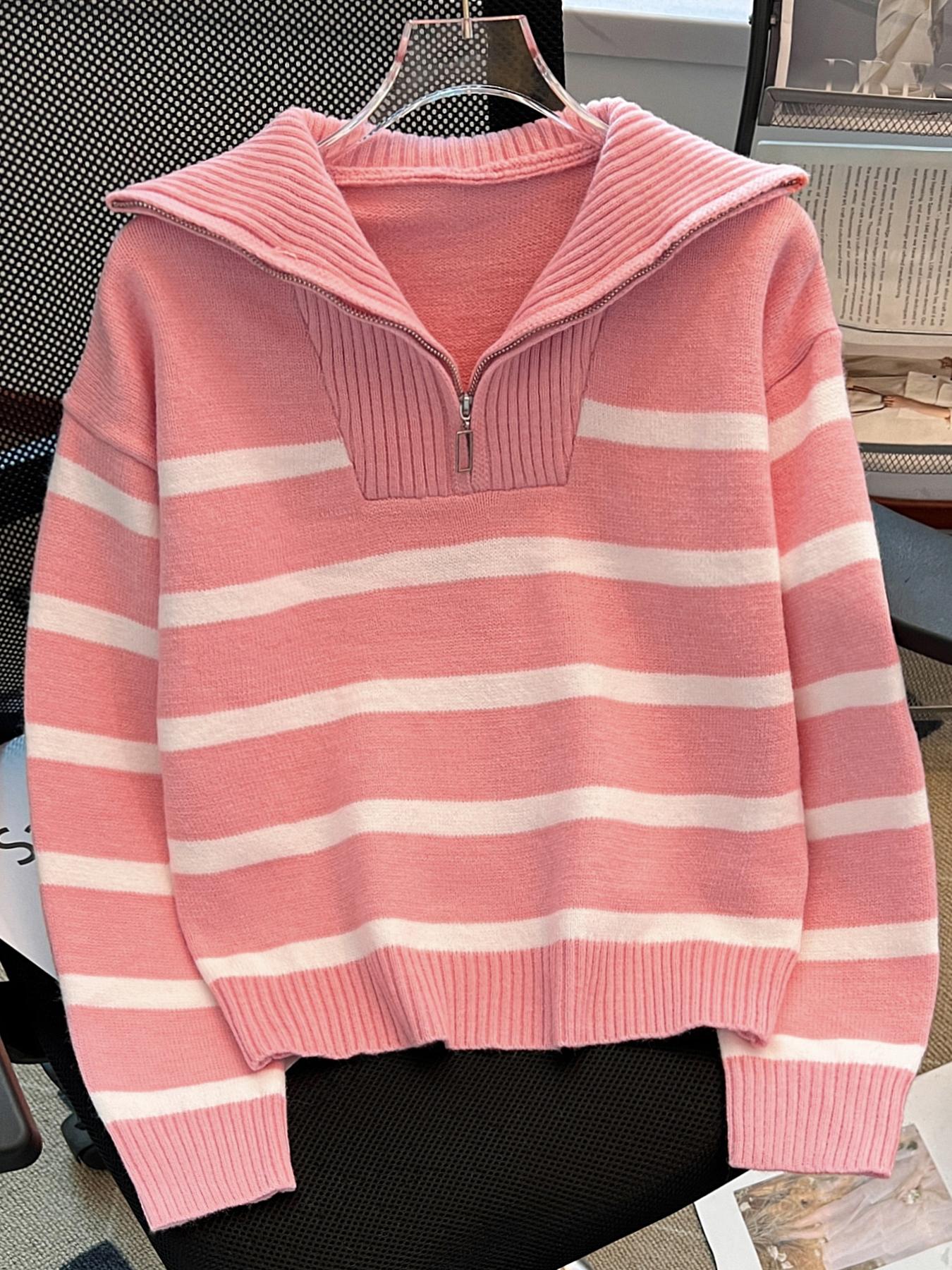 Women's Striped Print Zipper Drop Shoulder Sweater, Casual Long Sleeve Collared Jumper for Daily Outdoor Wear, Women Knitwear Top for Fall & Winter, National Day Clothing