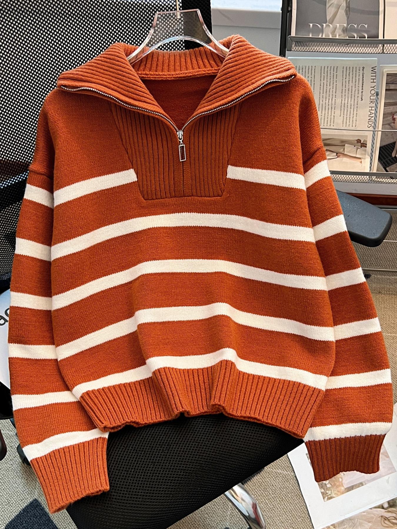 Women's Striped Print Zipper Drop Shoulder Sweater, Casual Long Sleeve Collared Jumper for Daily Outdoor Wear, Women Knitwear Top for Fall & Winter, National Day Clothing