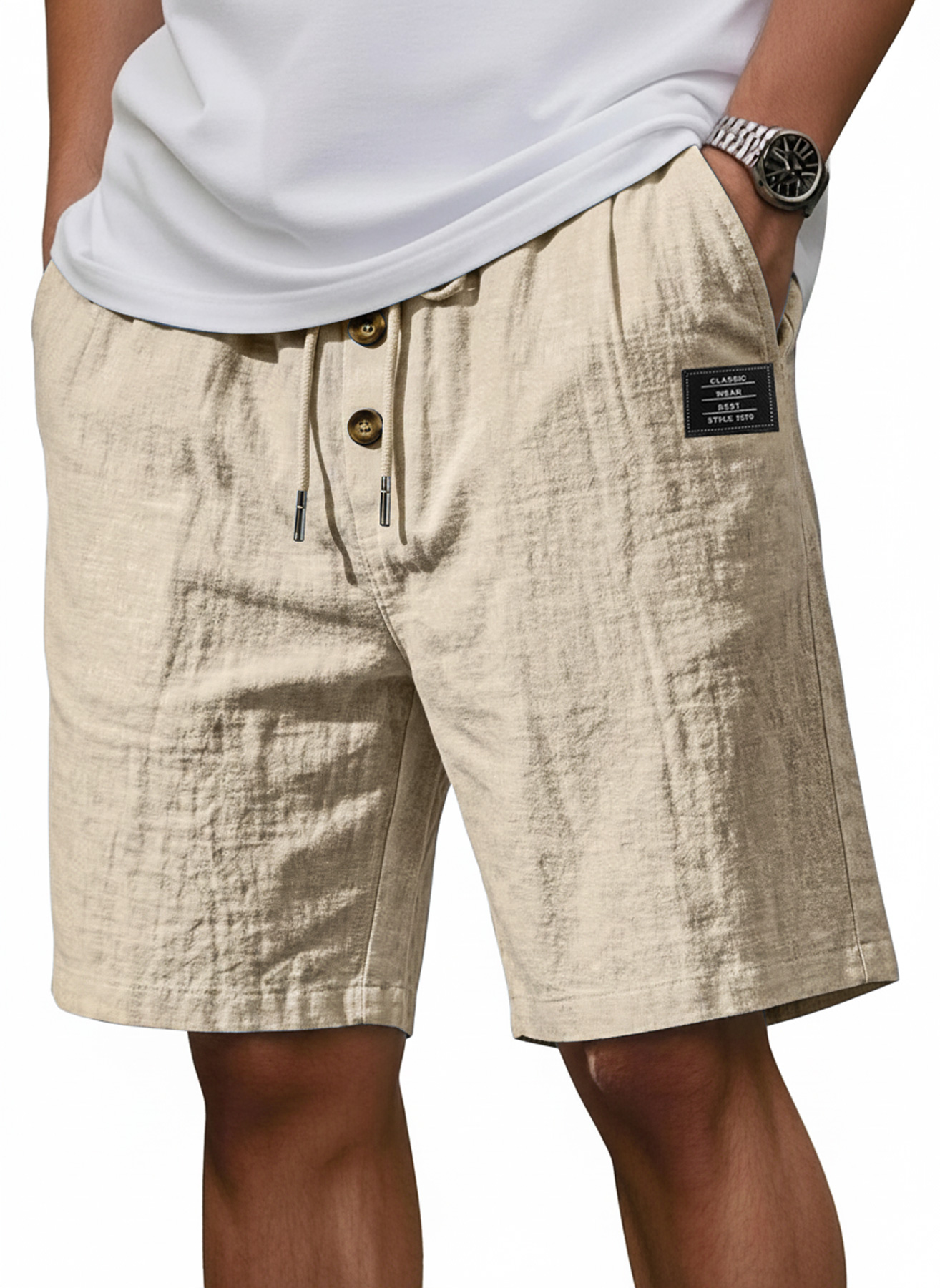 Men's Linen Casual Shorts with Embroidered Logo and Buttons