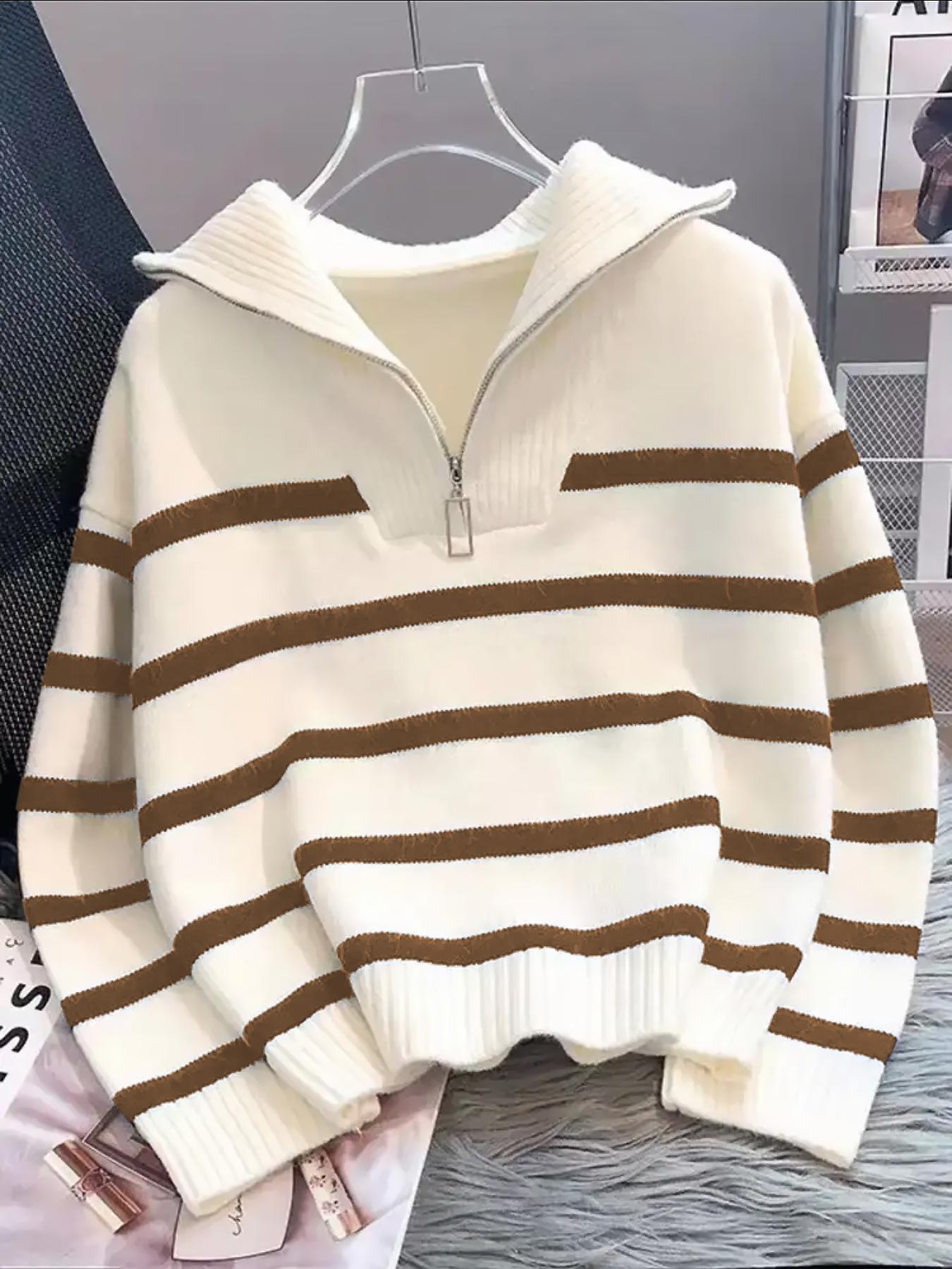 Women's Striped Print Zipper Drop Shoulder Sweater, Casual Long Sleeve Collared Jumper for Daily Outdoor Wear, Women Knitwear Top for Fall & Winter, National Day Clothing