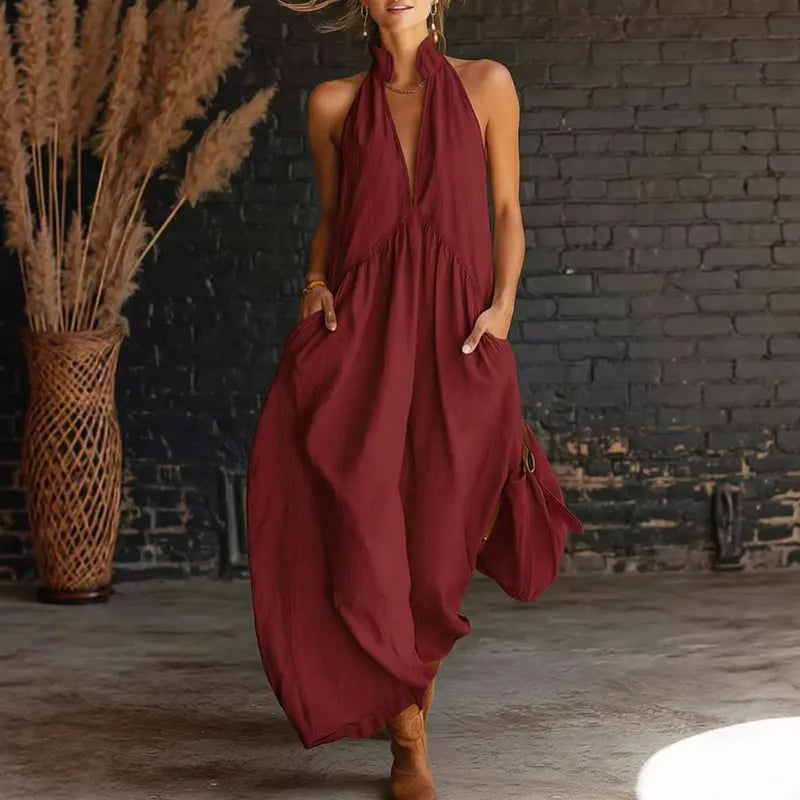 2026 Minimalist Halter Neck Maxi Dress | Casual Loose Fit Summer Dress with Pockets for Women