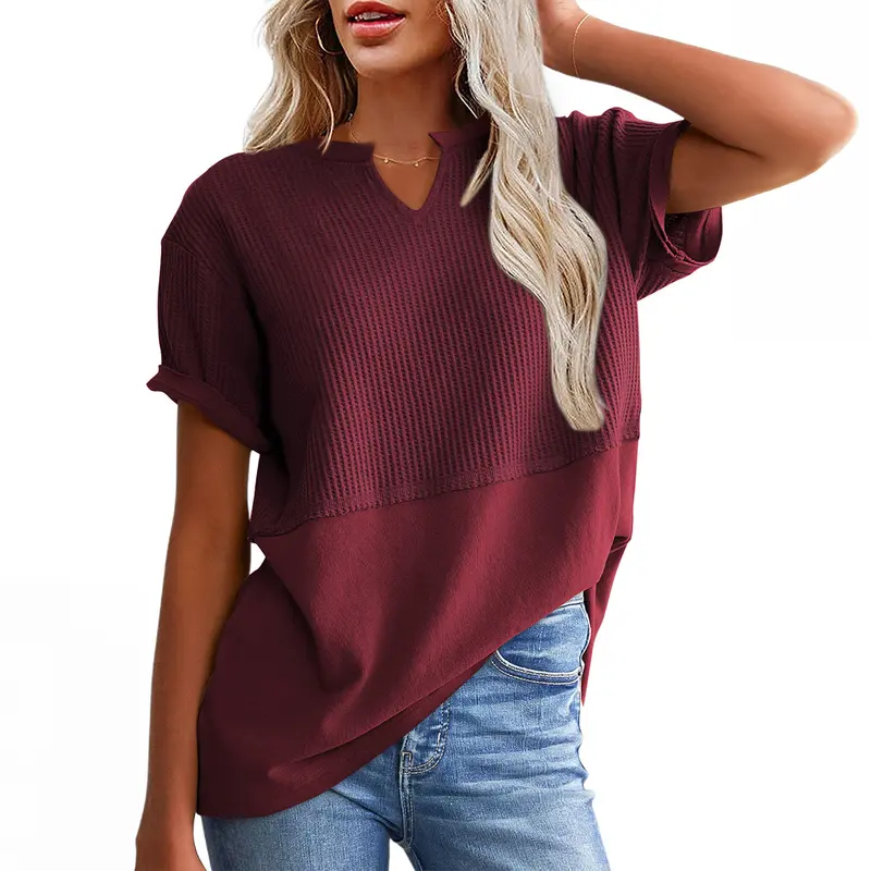 SHEWIN Cozy Oversized Waffle Knit V-Neck Top - Plus Size