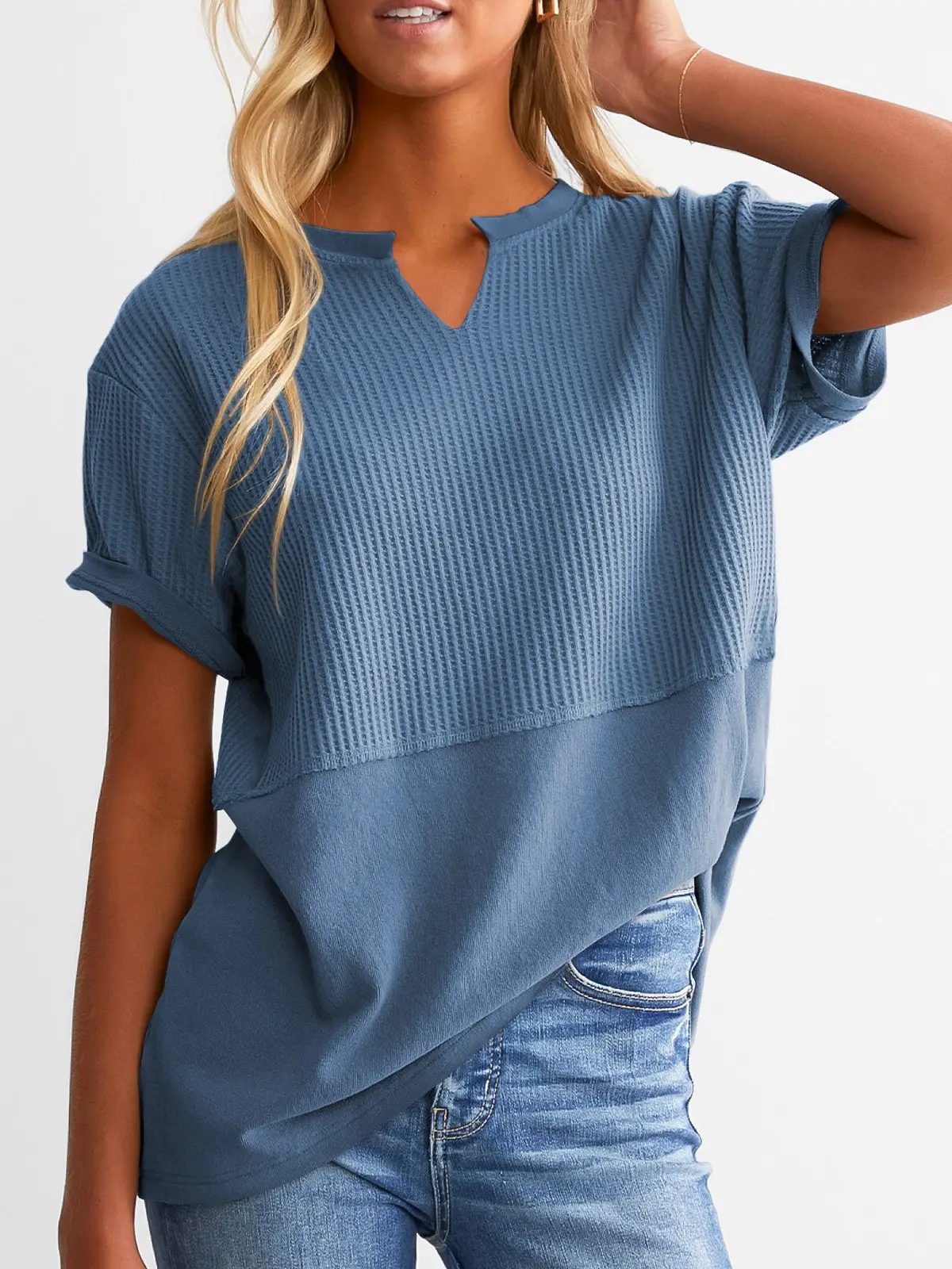 SHEWIN Cozy Oversized Waffle Knit V-Neck Top - Plus Size
