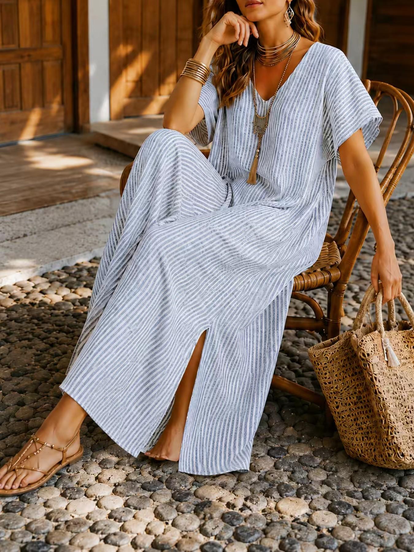 Plus Size Women's Solid Striped V Neck Short Sleeve Long Dress, Summer Casual Loose Beach Dress, Comfortable and Stylish