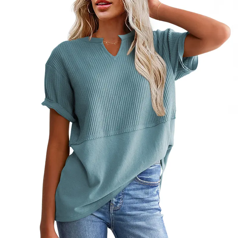 SHEWIN Cozy Oversized Waffle Knit V-Neck Top - Plus Size