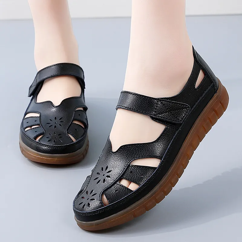 ⏰LAST DAY-60% OFF🛒—Women's Leather Hollow Sandals - Hook Loop, Non-Slip Nubuck Sole for Cool & Comfortable Walks
