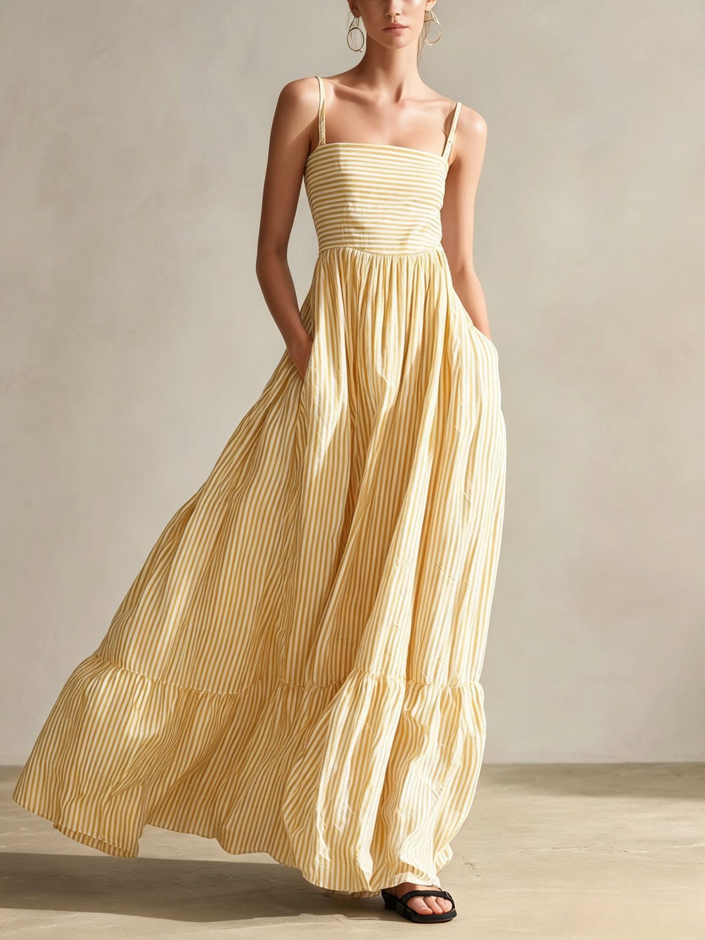 Women's Casual Striped Sleeveless Maxi Dress with Thin Straps