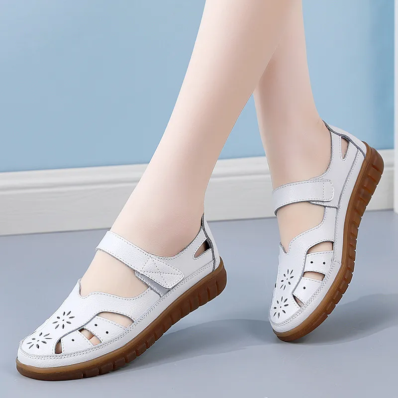 ⏰LAST DAY-60% OFF🛒—Women's Leather Hollow Sandals - Hook Loop, Non-Slip Nubuck Sole for Cool & Comfortable Walks
