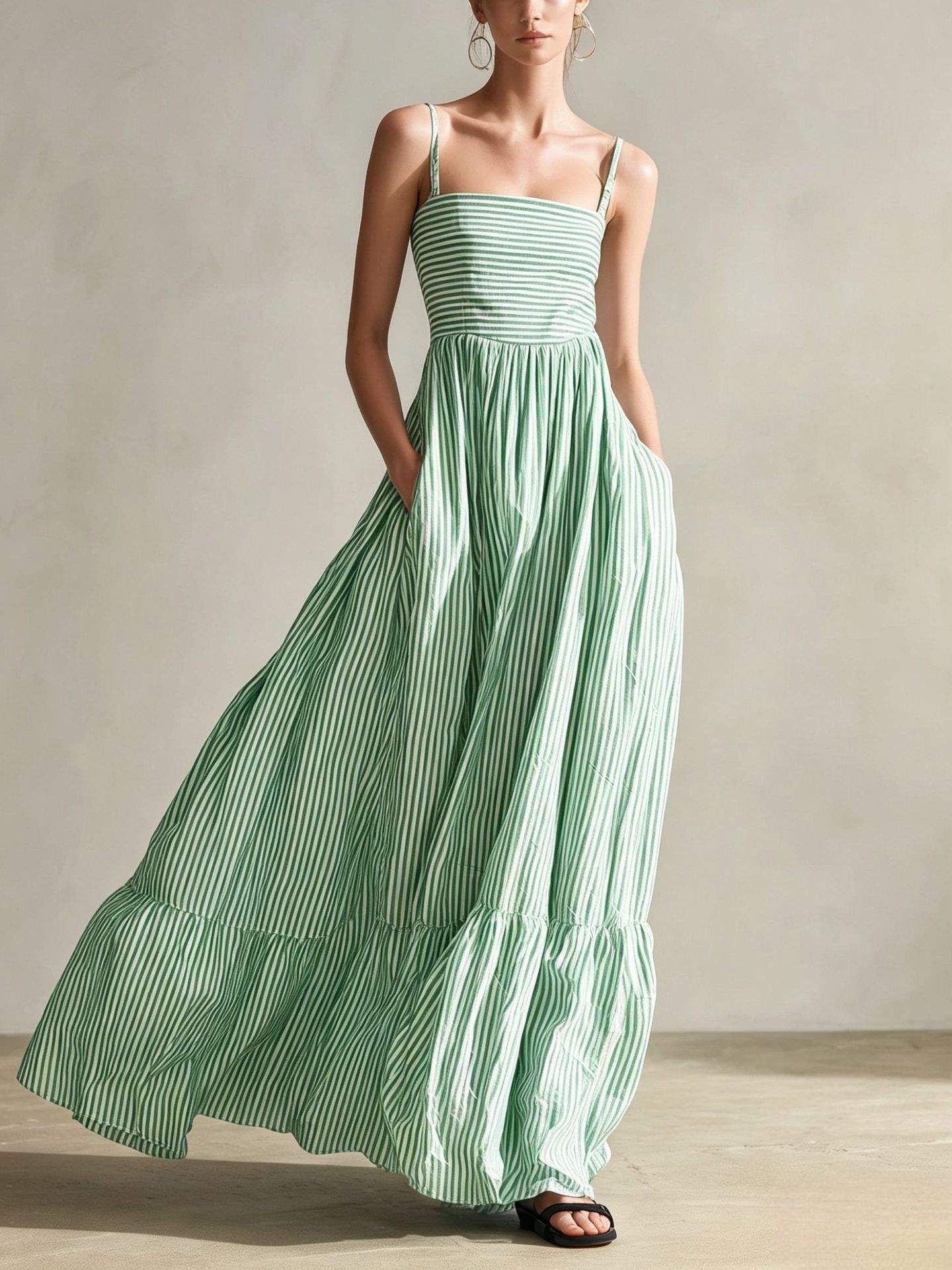 Women's Casual Striped Sleeveless Maxi Dress with Thin Straps