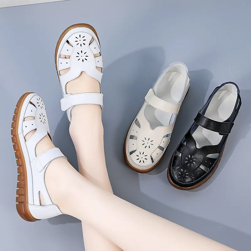 ⏰LAST DAY-60% OFF🛒—Women's Leather Hollow Sandals - Hook Loop, Non-Slip Nubuck Sole for Cool & Comfortable Walks
