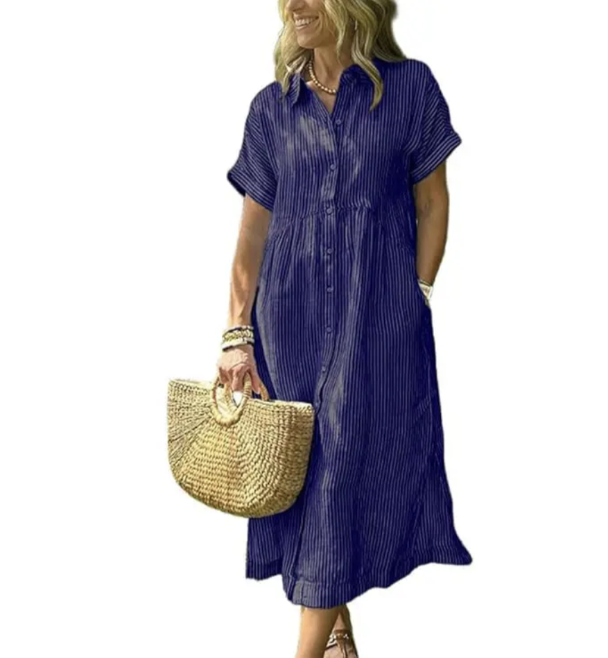 Last Day ⏰ 50% OFF ✨Chouyatou Women's Loose Midi Striped Shirt Dress