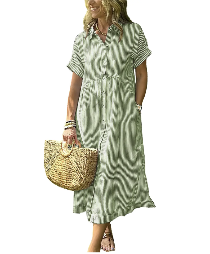 Last Day ⏰ 50% OFF ✨Chouyatou Women's Loose Midi Striped Shirt Dress