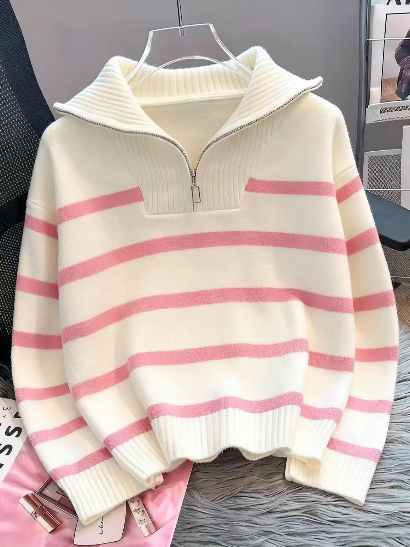 Women's Striped Print Zipper Drop Shoulder Sweater, Casual Long Sleeve Collared Jumper for Daily Outdoor Wear, Women Knitwear Top for Fall & Winter, National Day Clothing