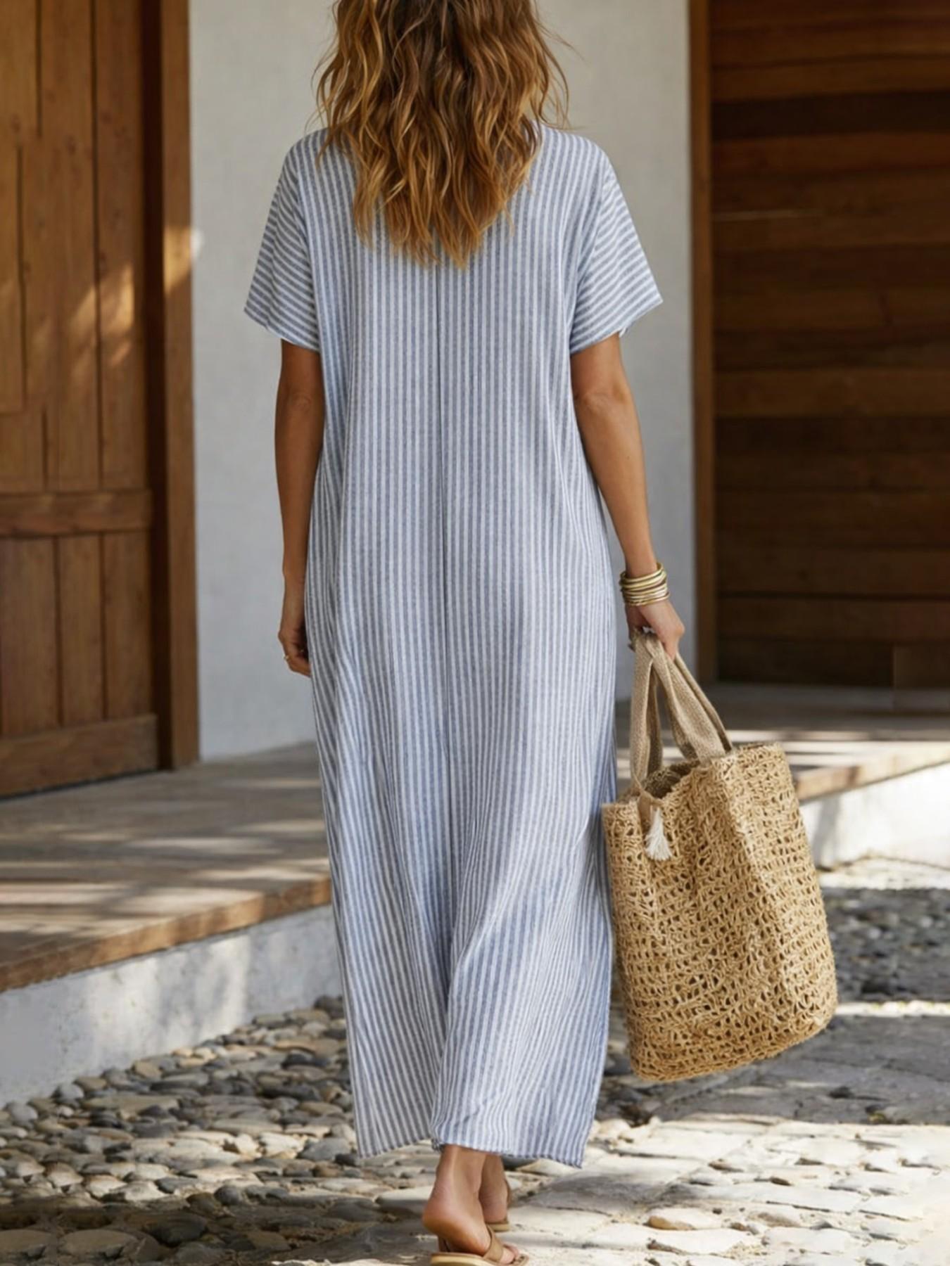 Plus Size Women's Solid Striped V Neck Short Sleeve Long Dress, Summer Casual Loose Beach Dress, Comfortable and Stylish