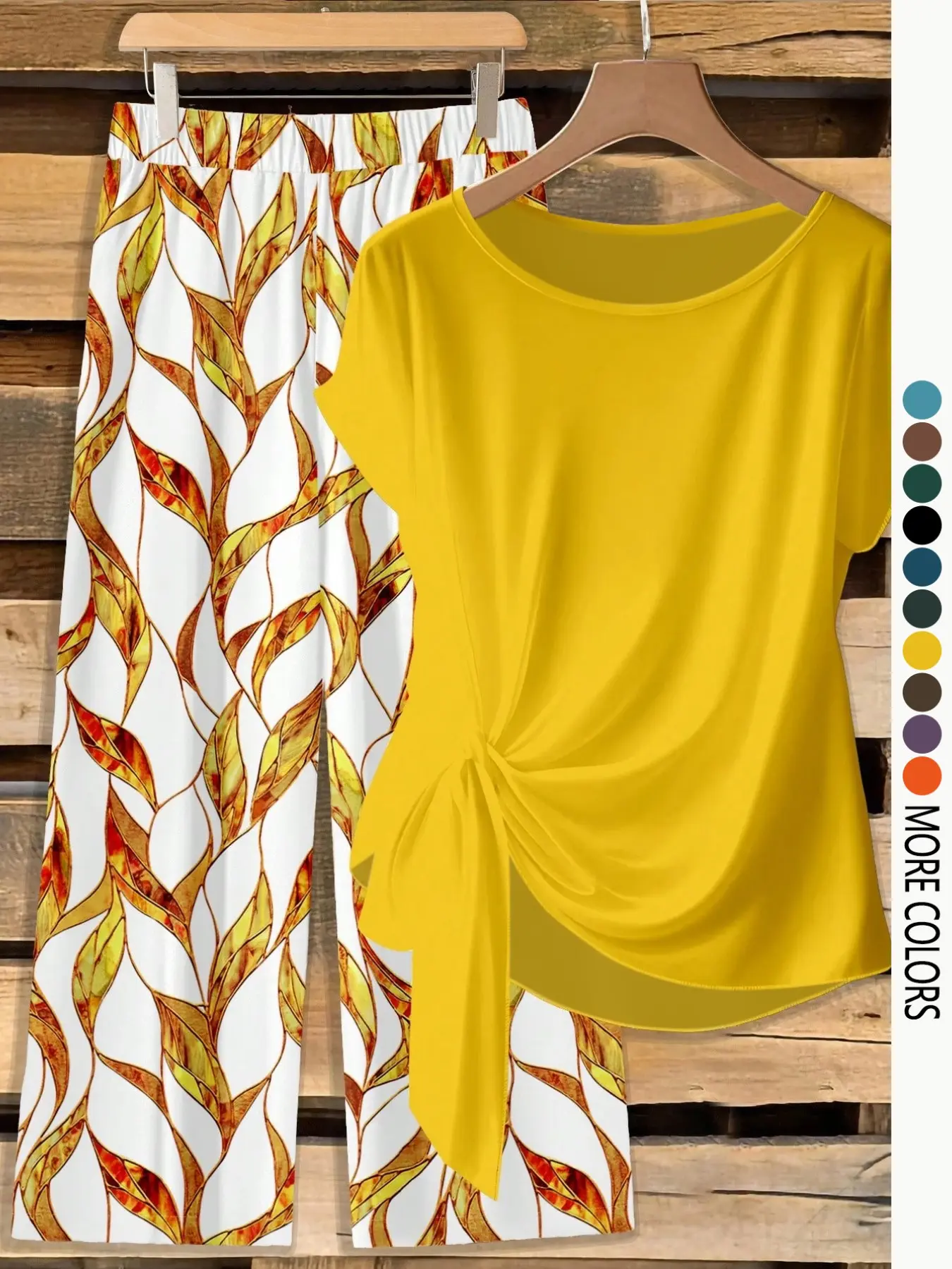 Women's Casual Printed Knot Shirt & Loose Pants Set for Spring and Summer