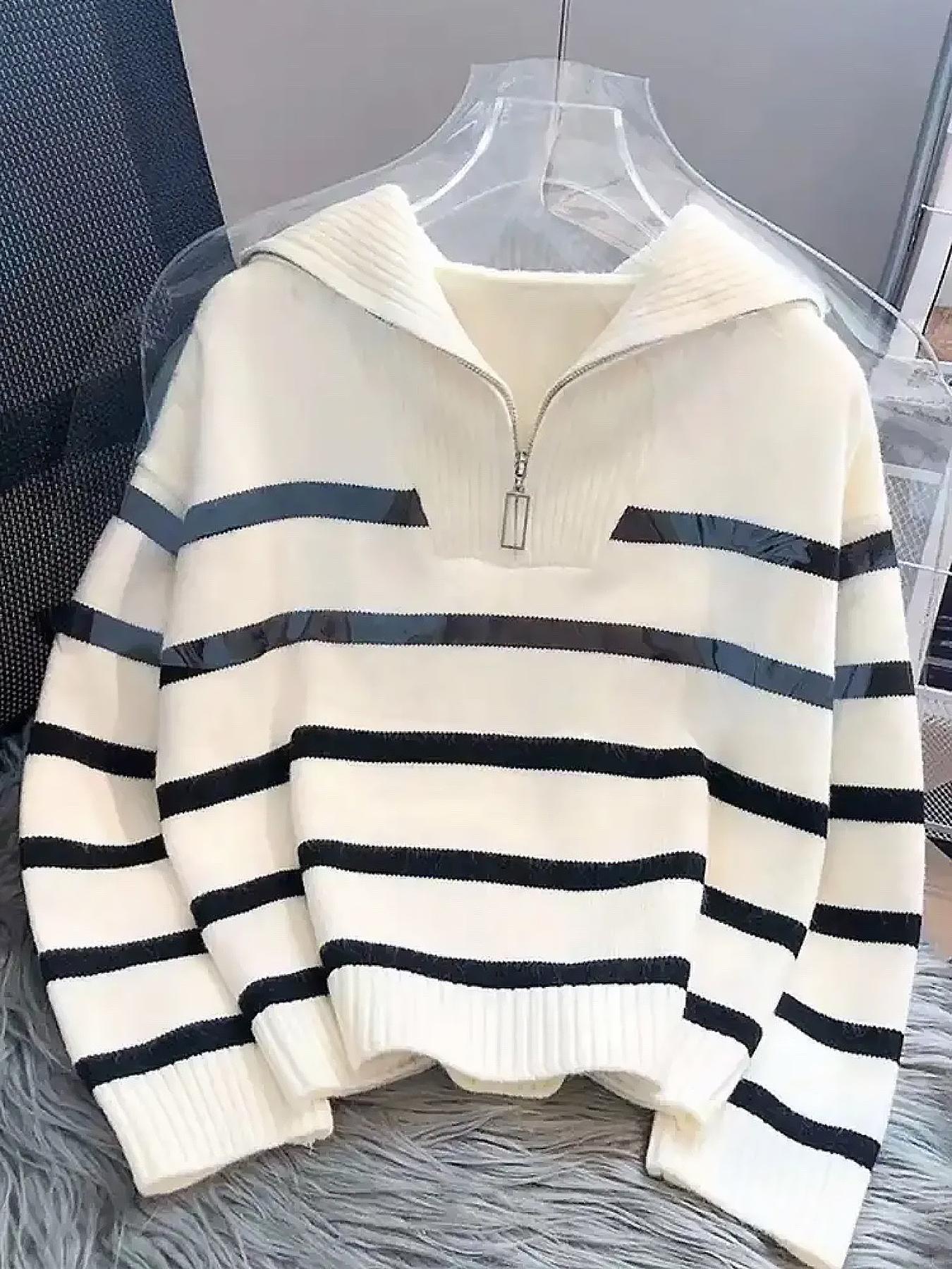 Women's Striped Print Zipper Drop Shoulder Sweater, Casual Long Sleeve Collared Jumper for Daily Outdoor Wear, Women Knitwear Top for Fall & Winter, National Day Clothing