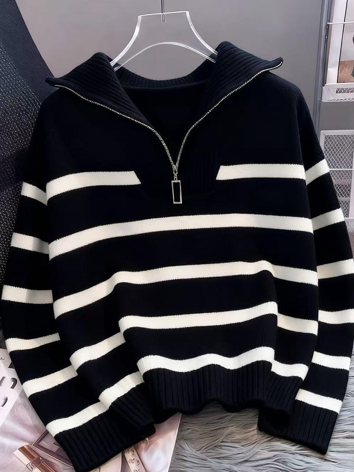 Women's Striped Print Zipper Drop Shoulder Sweater, Casual Long Sleeve Collared Jumper for Daily Outdoor Wear, Women Knitwear Top for Fall & Winter, National Day Clothing