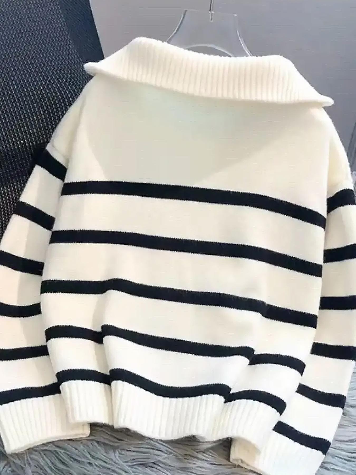 Women's Striped Print Zipper Drop Shoulder Sweater, Casual Long Sleeve Collared Jumper for Daily Outdoor Wear, Women Knitwear Top for Fall & Winter, National Day Clothing