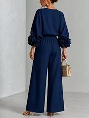 Women 3D Floral Cuff Linen Two‑Piece Outfit, Long Sleeve Blouse & Elastic Waist Wide Leg Pants Set
