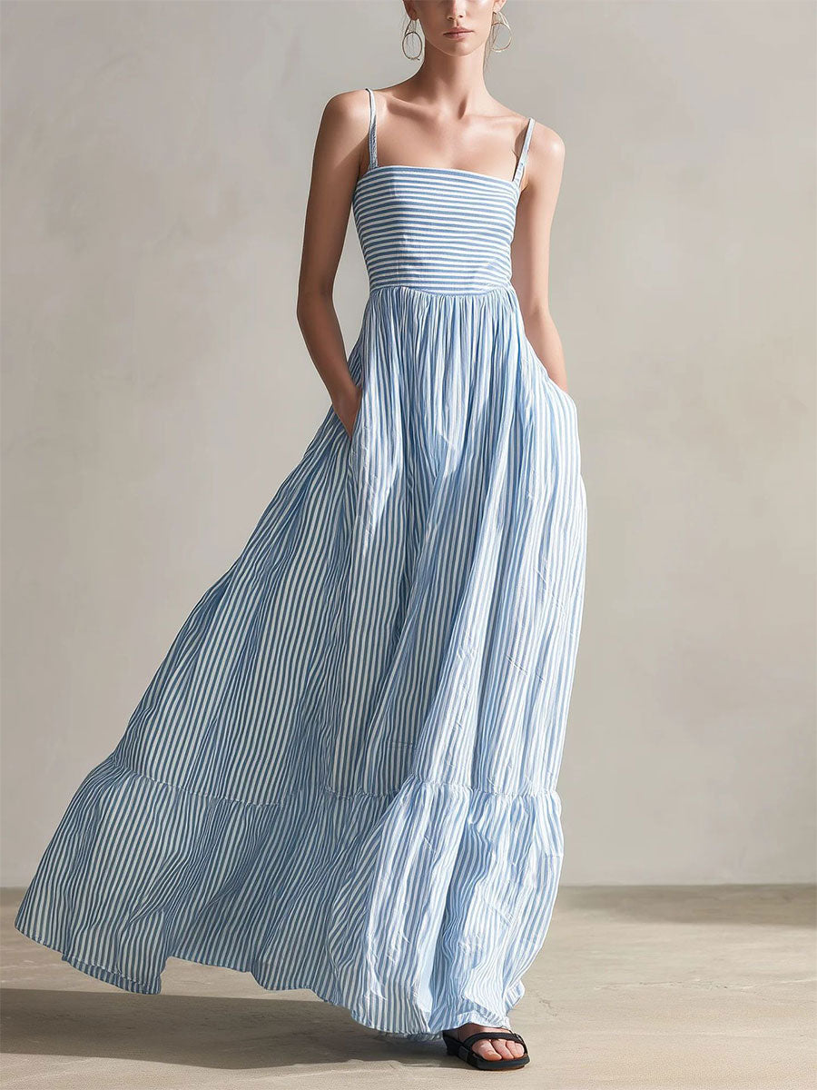 Women's Casual Striped Sleeveless Maxi Dress with Thin Straps