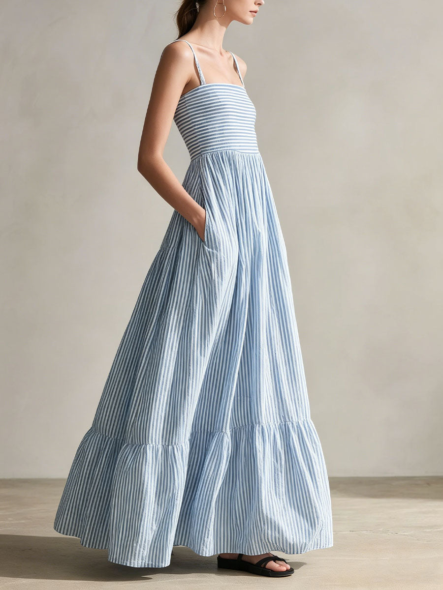 Women's Casual Striped Sleeveless Maxi Dress with Thin Straps