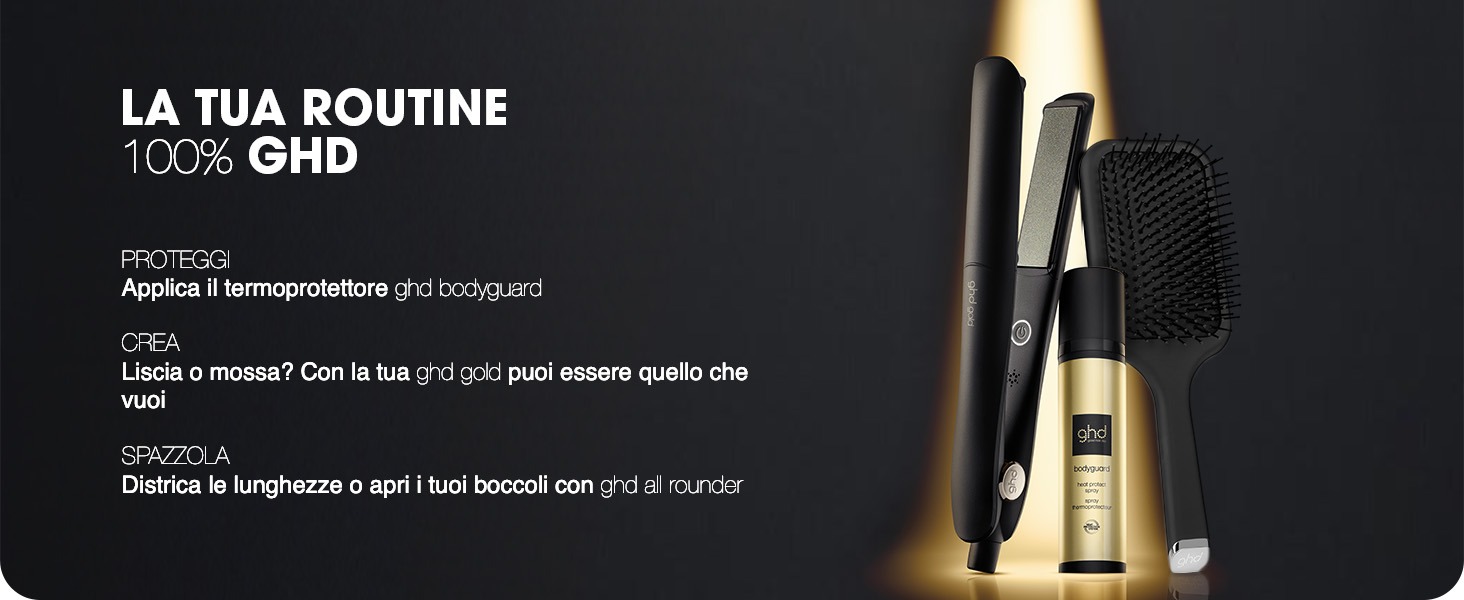 Il testo recita «LA TUA ROUTINE AL CBD» con la descrizione del prodotto e l'elenco degli ingredienti su sfondo nero con le bottiglie di prodotto color oro visualizzate.