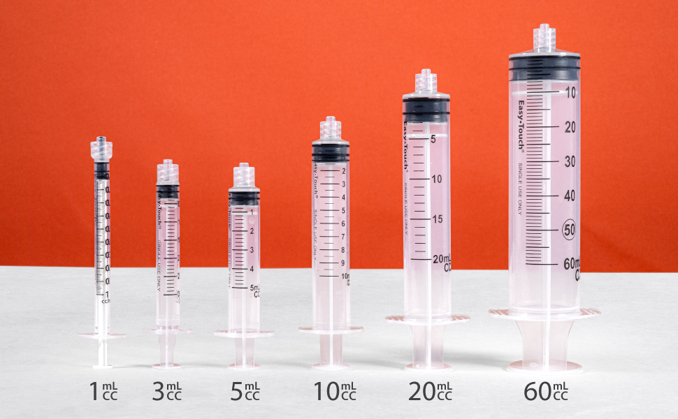 1ml, 3ml, 5ml, 10ml, 20ml, 60ml barrel volume