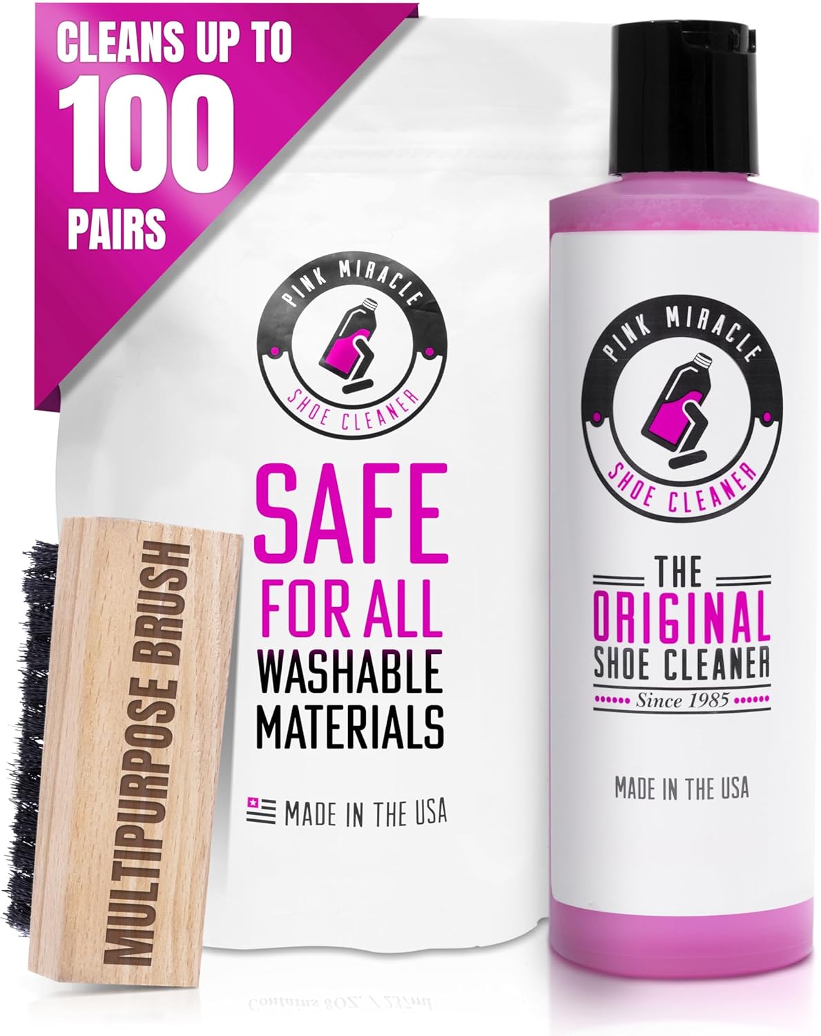 Pink Miracle Shoe Cleaner Kit with Bottle and Brush For Fabric Cleaner For Leather, Whites, Suede and Nubuck Sneakers