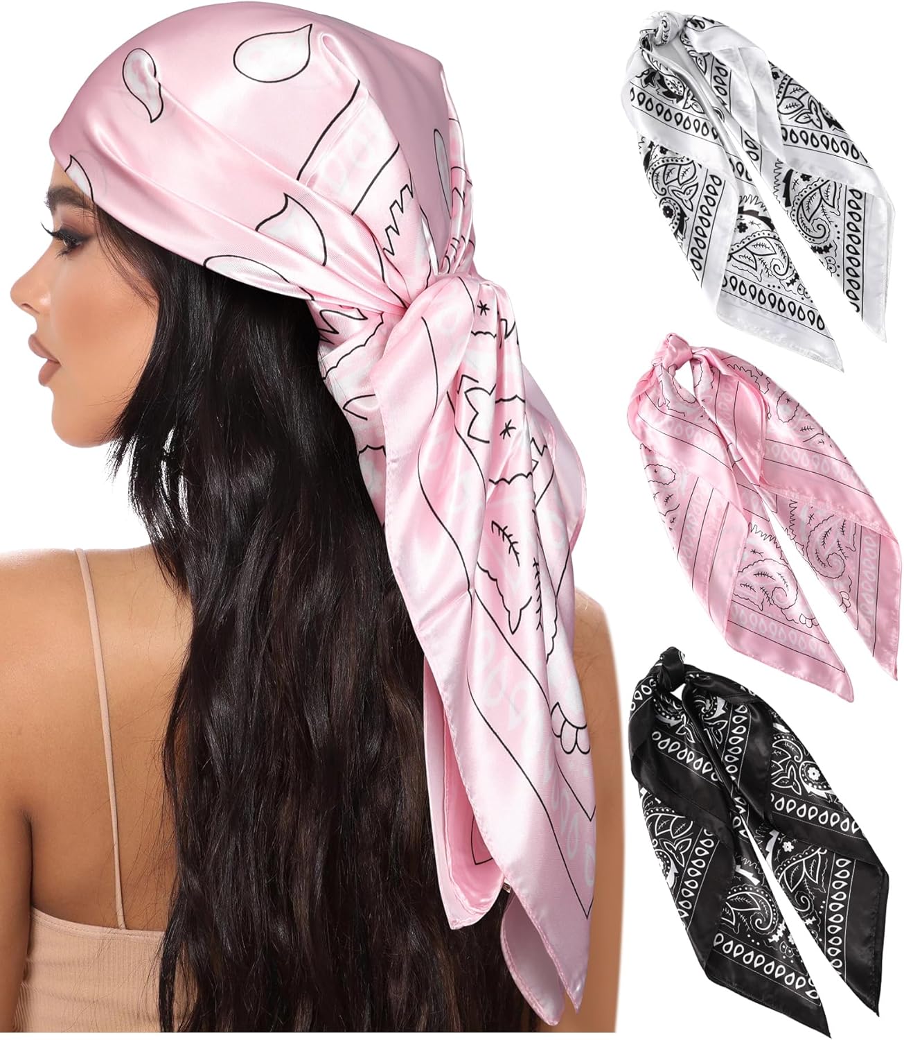 AWAYTR 35” Large Square Satin Head Scarf - 3Pcs Satin Hair Scarves Silk Bandana Scarf Headscarf Silk Feeling Scarf for Women