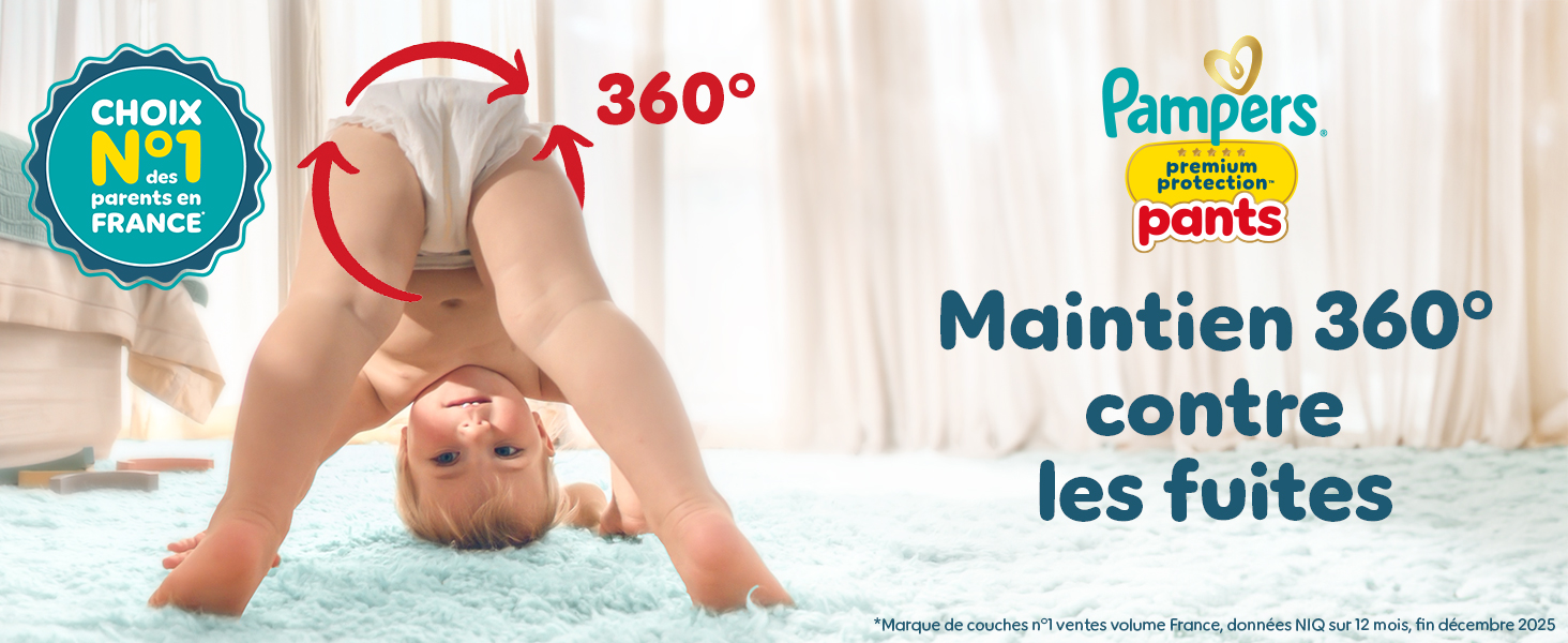 Le texte indique « Pampers pants », « 360° », « Maintien 360° », « contre les fuites ». Publicité sur les couches montrant plusieurs vues des couches pour bébés et démonstration de mouvements avec un message de protection à 360 degrés.