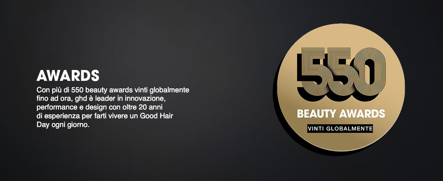 Il testo recita «AWARDS» con un distintivo circolare dorato etichettato «E50 BEAUTY AWARDS». Sfondo nero con testo descrittivo del premio parzialmente visibile.