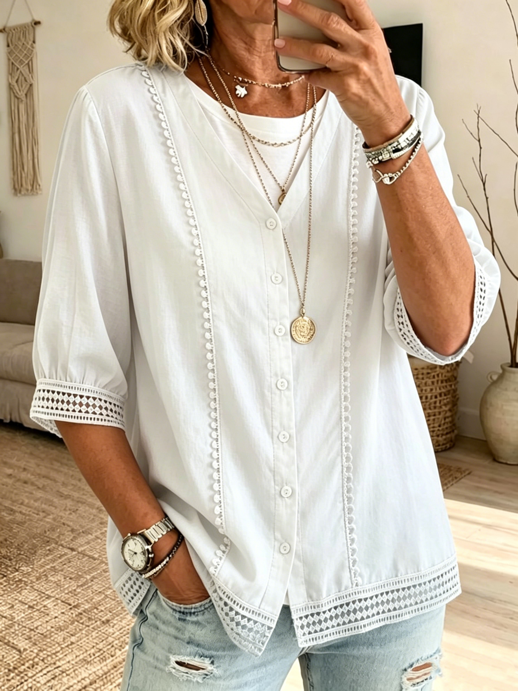 Women's Casual Three-quarter Sleeve V-neck Lace Cotton Linen Cardigan Shirt