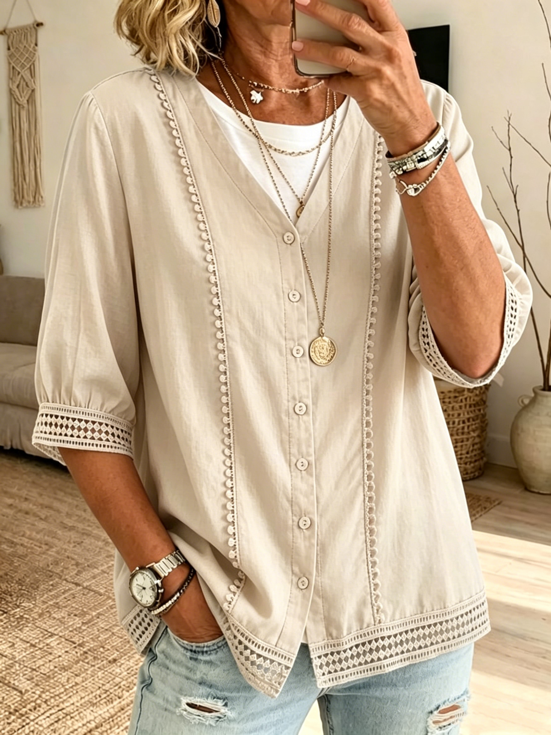 Women's Casual Three-quarter Sleeve V-neck Lace Cotton Linen Cardigan Shirt