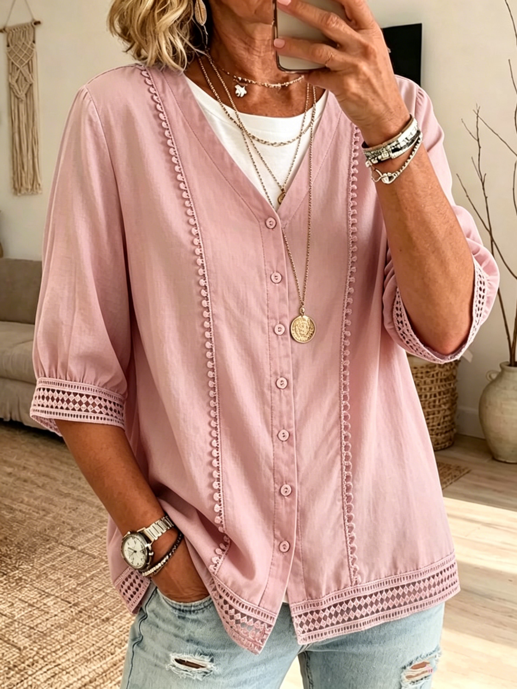 Women's Casual Three-quarter Sleeve V-neck Lace Cotton Linen Cardigan Shirt