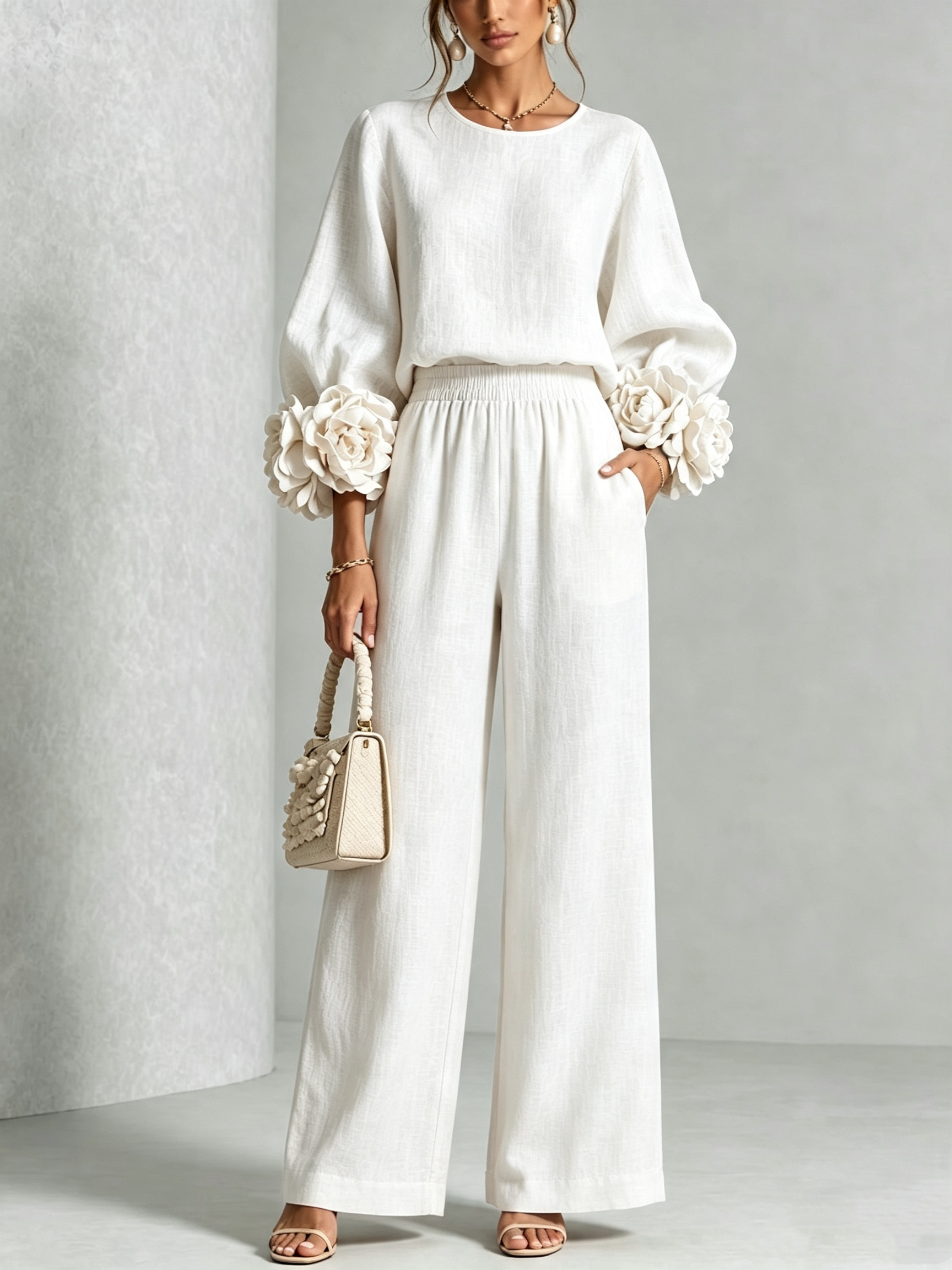 Women 3D Floral Cuff Linen Two‑Piece Outfit, Long Sleeve Blouse & Elastic Waist Wide Leg Pants Set