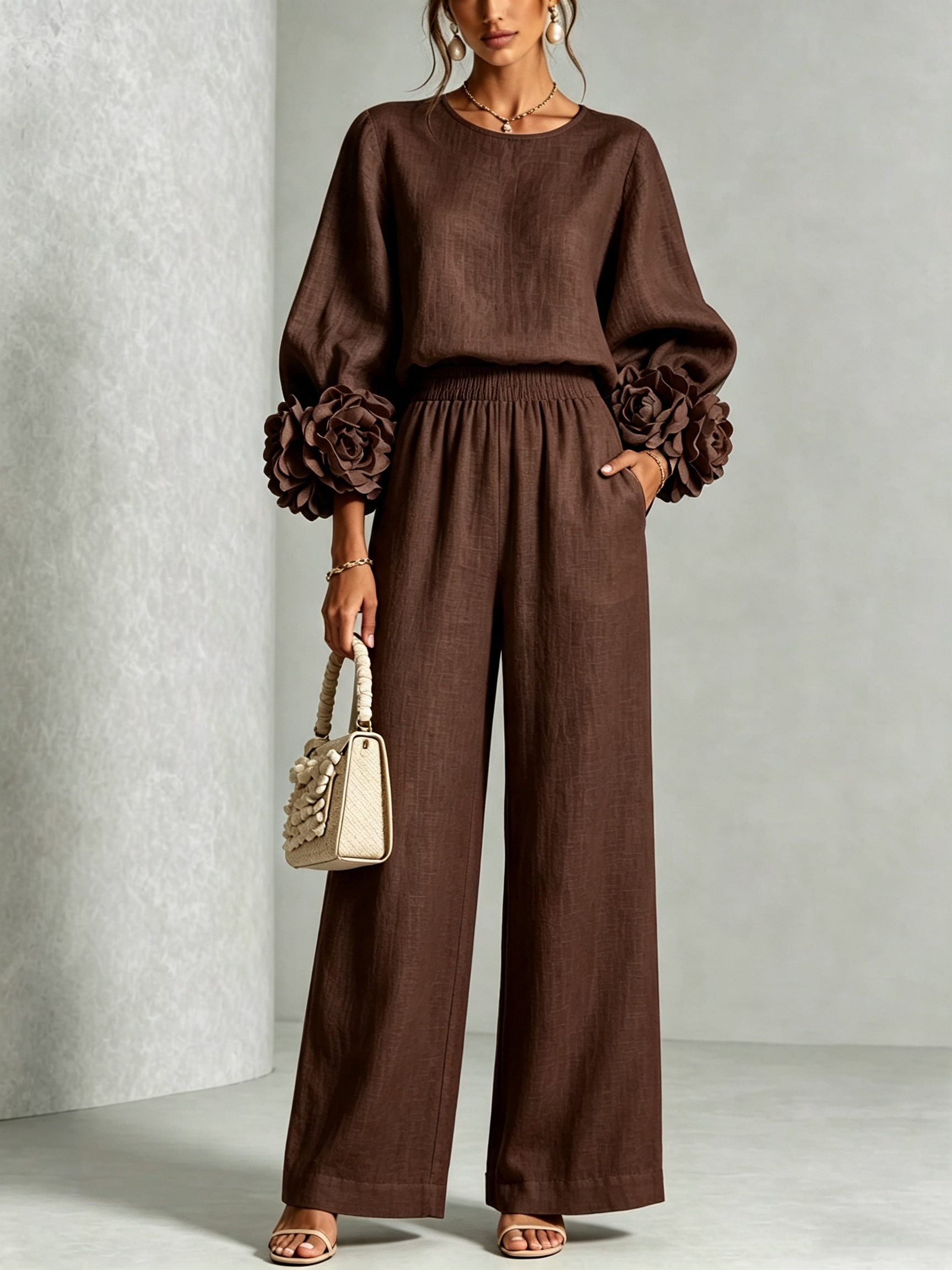 Women 3D Floral Cuff Linen Two‑Piece Outfit, Long Sleeve Blouse & Elastic Waist Wide Leg Pants Set