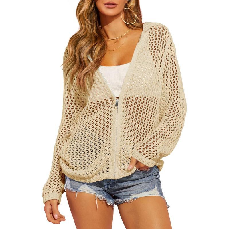 Women's Crochet Lightweight Cardigan Zip Up Hooded Long Sleeve Knit Sweater Mesh Beach Swim Cover Up