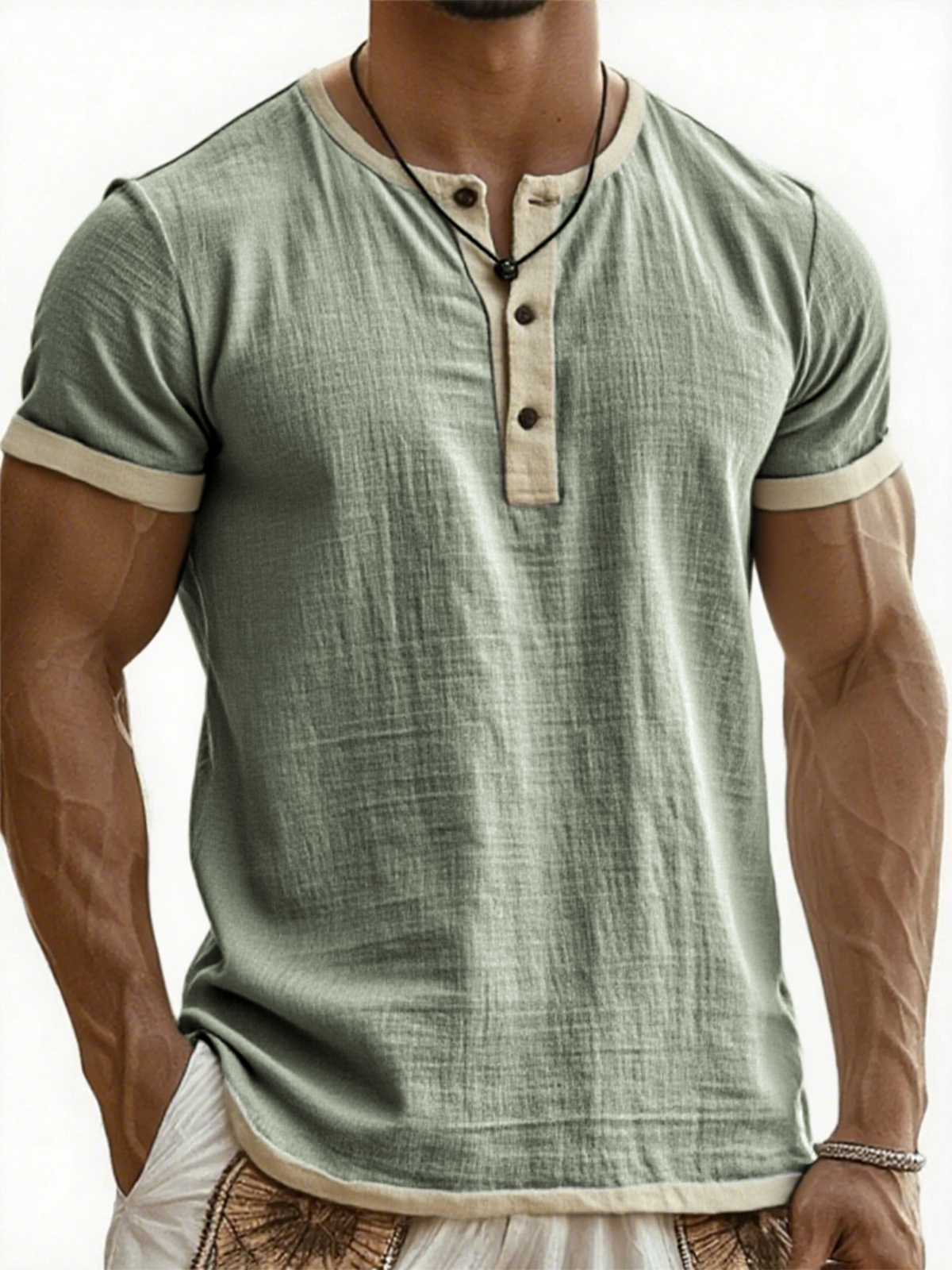 Men's Breathable Linen Contrast Pleated Resort Henley Top