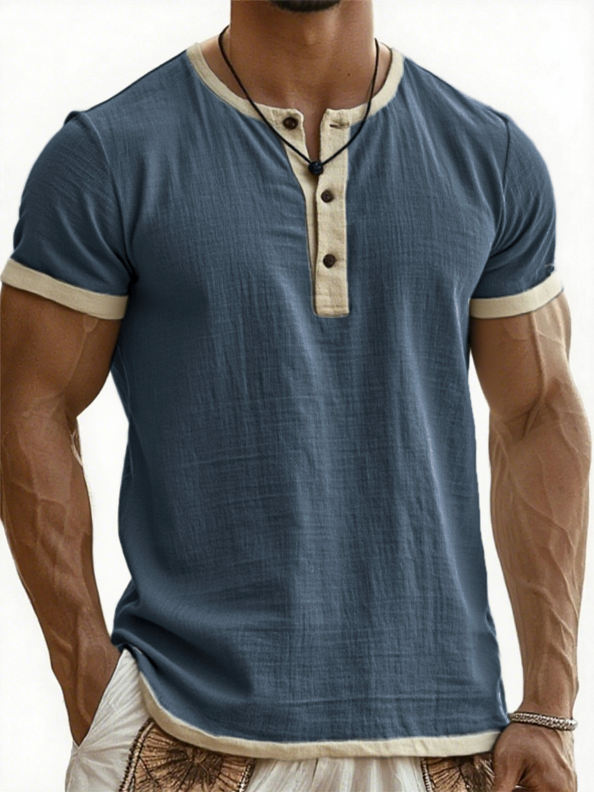 Men's Breathable Linen Contrast Pleated Resort Henley Top